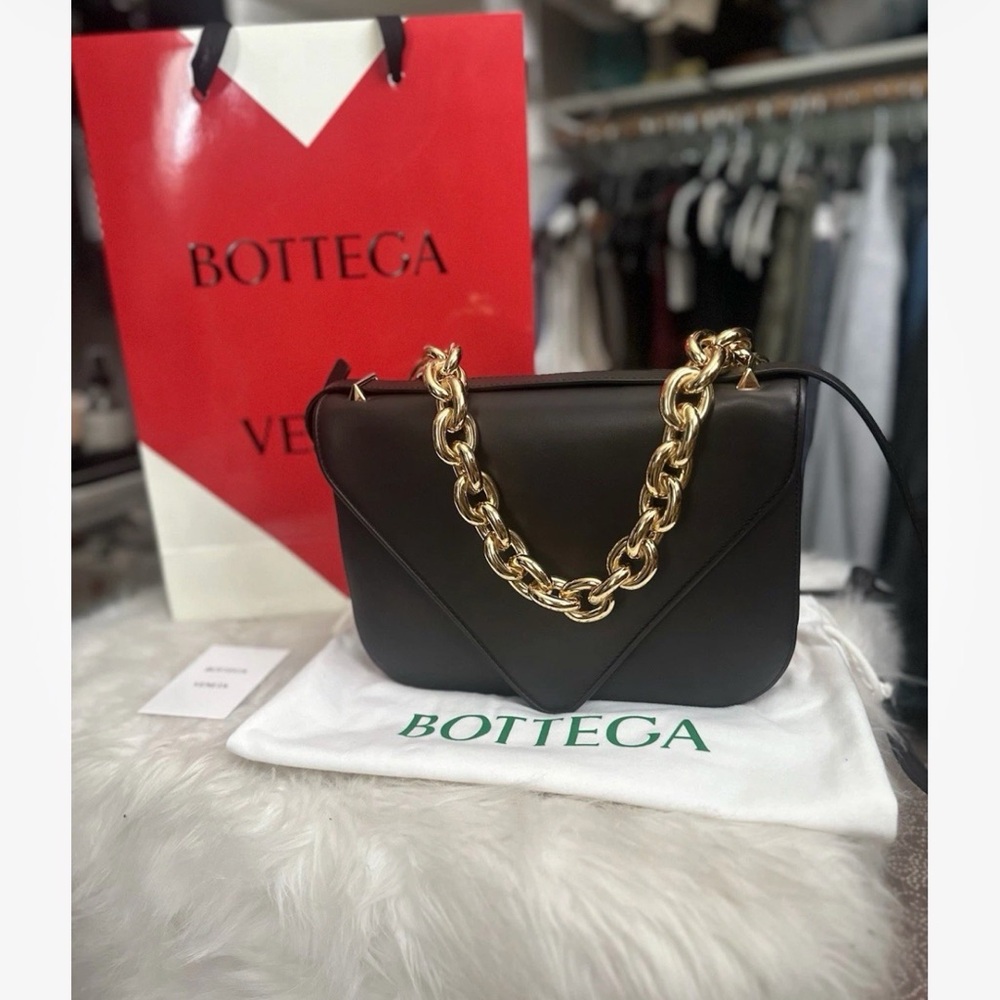 Bottega Veneta Black Shoulder Bag with Gold Chain